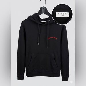 Sandro Paris Black Hoodie with Red Script Embroidery